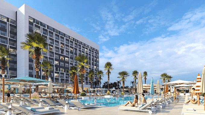 Rove Al Marjan Island resort and pool